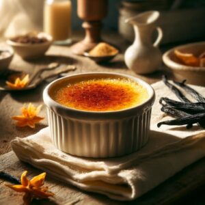 Crème brûlée au safran avec croûte dorée et filaments de safran, servie dans un ramequin sur fond rustique.