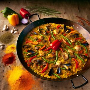 Paella Valenciana au safran dans une poêle rustique, entourée d'ingrédients frais sur fond sombre, évoquant tradition et saveurs espagnoles.